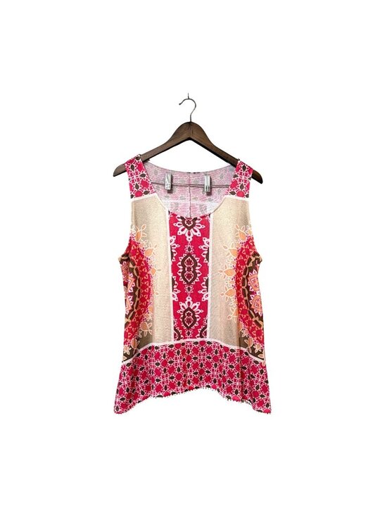 Unknown Tops - Bohemian Sleeveless Tank Top With Pom Pom Trim Pink & Beige Womens Size L